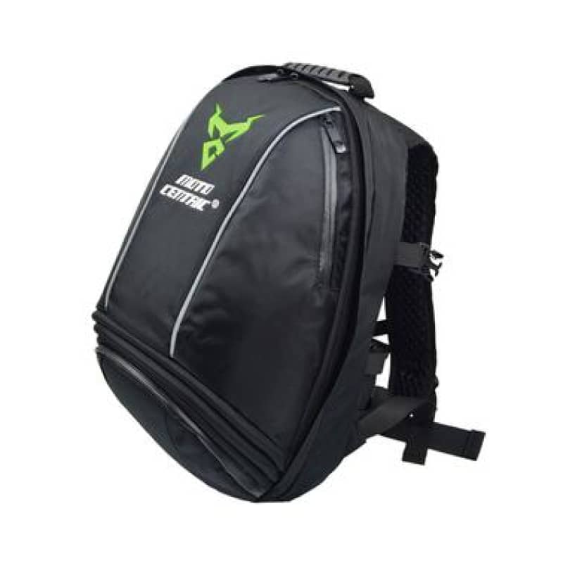 sac à dos moto MotoCentric noir avec logo vert, parfait pour conduite sportive