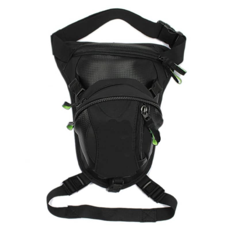 sacoche de jambe moto unisexe en polyester, cuir PU et PVC avec finition fibre carbone, étanche, sangles réglables et fermeture zippée