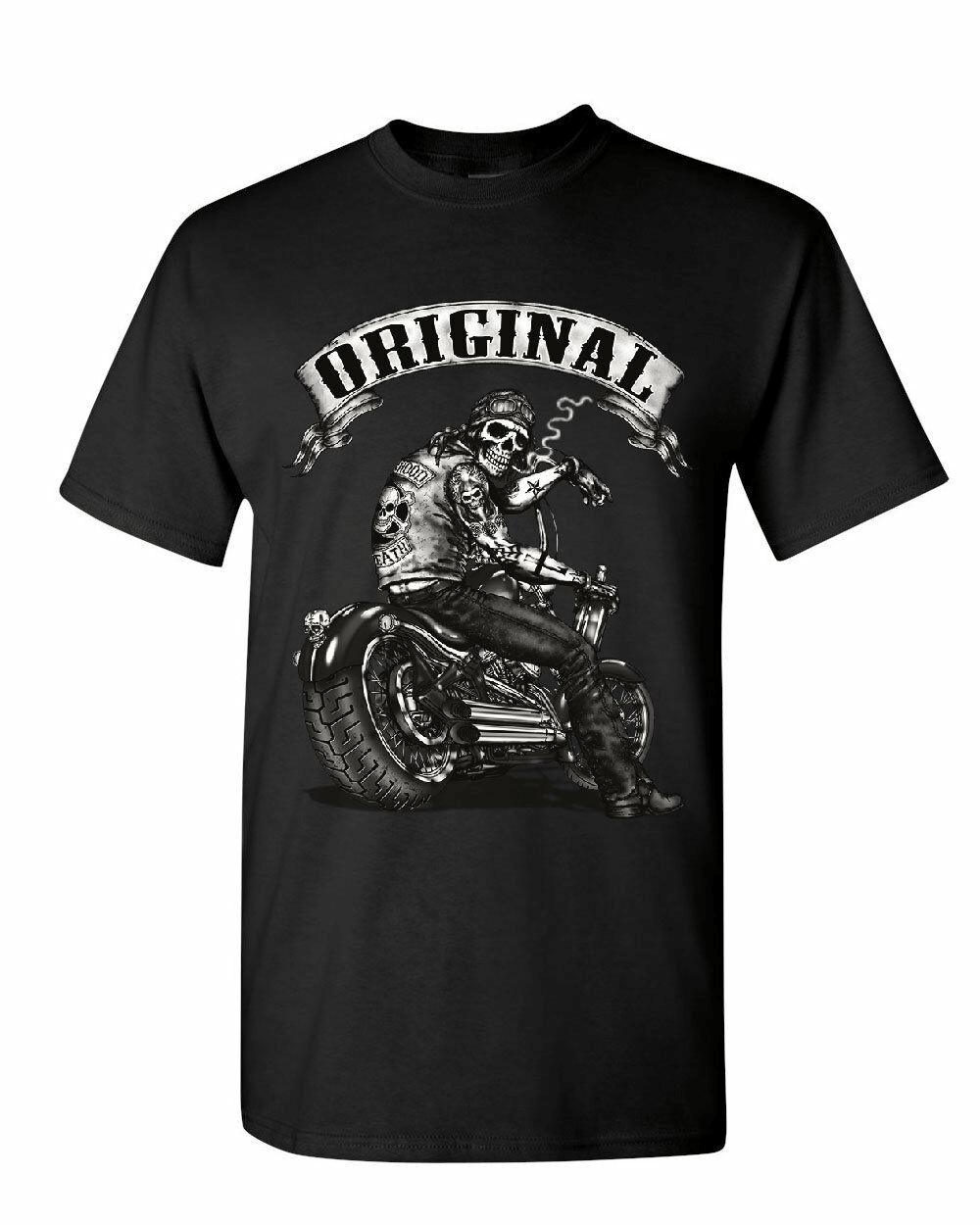 T-shirt moto noir coton, motif squelette biker "Original Skull" gris/blanc.