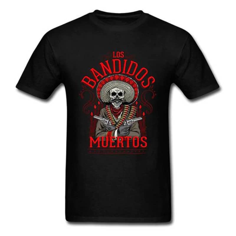 T-shirt Moto Los Bandidos Muertos noir squelette bandit mexicain sombrero revolver design biker.