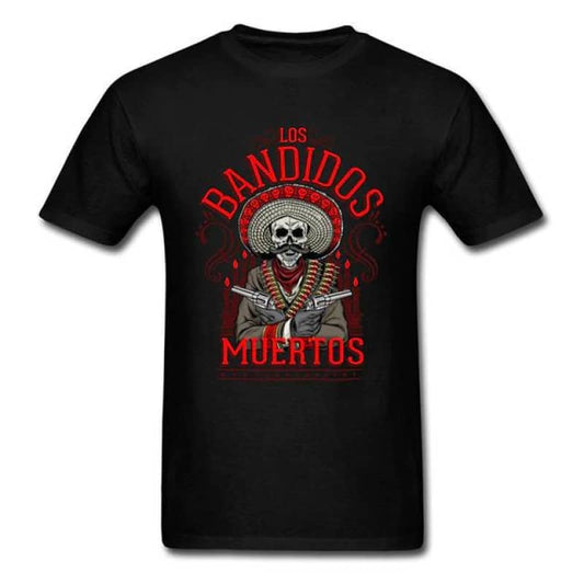 T-shirt Moto Los Bandidos Muertos noir squelette bandit mexicain sombrero revolver design biker.