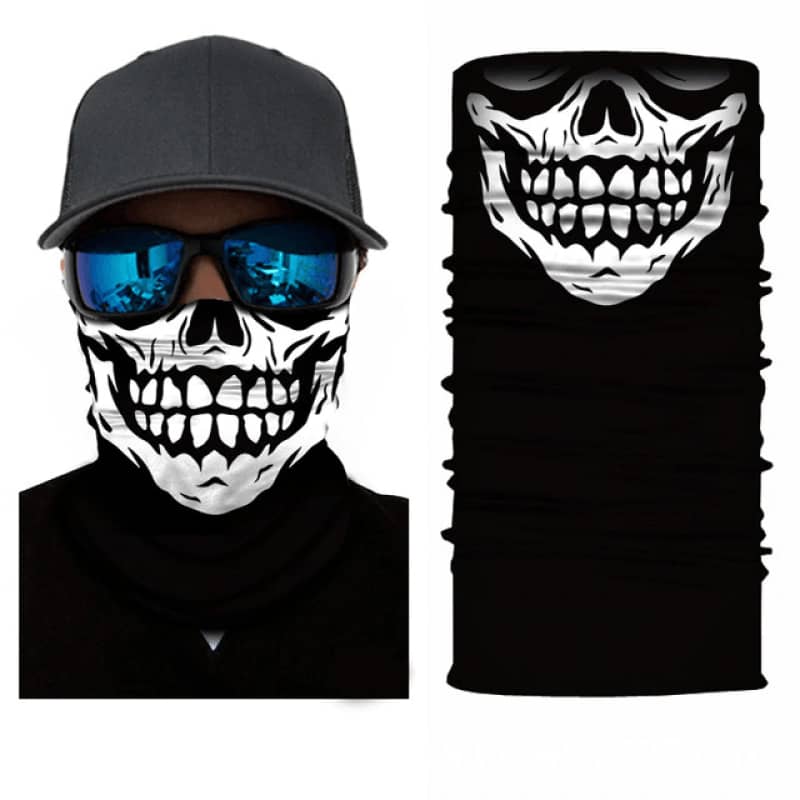 Tour de cou tube moto noir et blanc motif tête de mort, tissu respirant et léger, protection efficace contre le vent, la poussière et le froid, style biker audacieux.