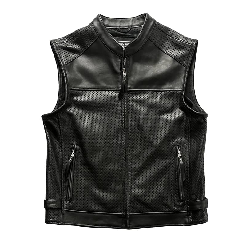 Gilet Biker Glumed noir en cuir perforé, lisse et matelassé pour motard.