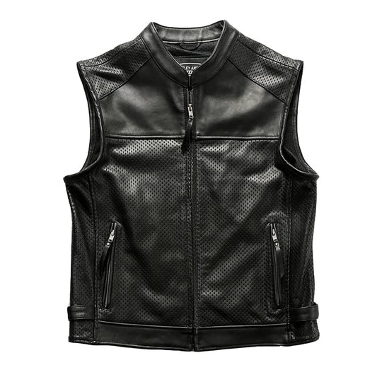 Gilet Biker Glumed noir en cuir perforé, lisse et matelassé pour motard.